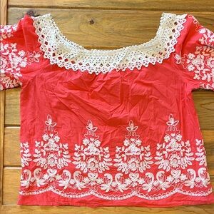 Flying Tomato Coral-Colored Cotton Blouse with White Floral Embroidery